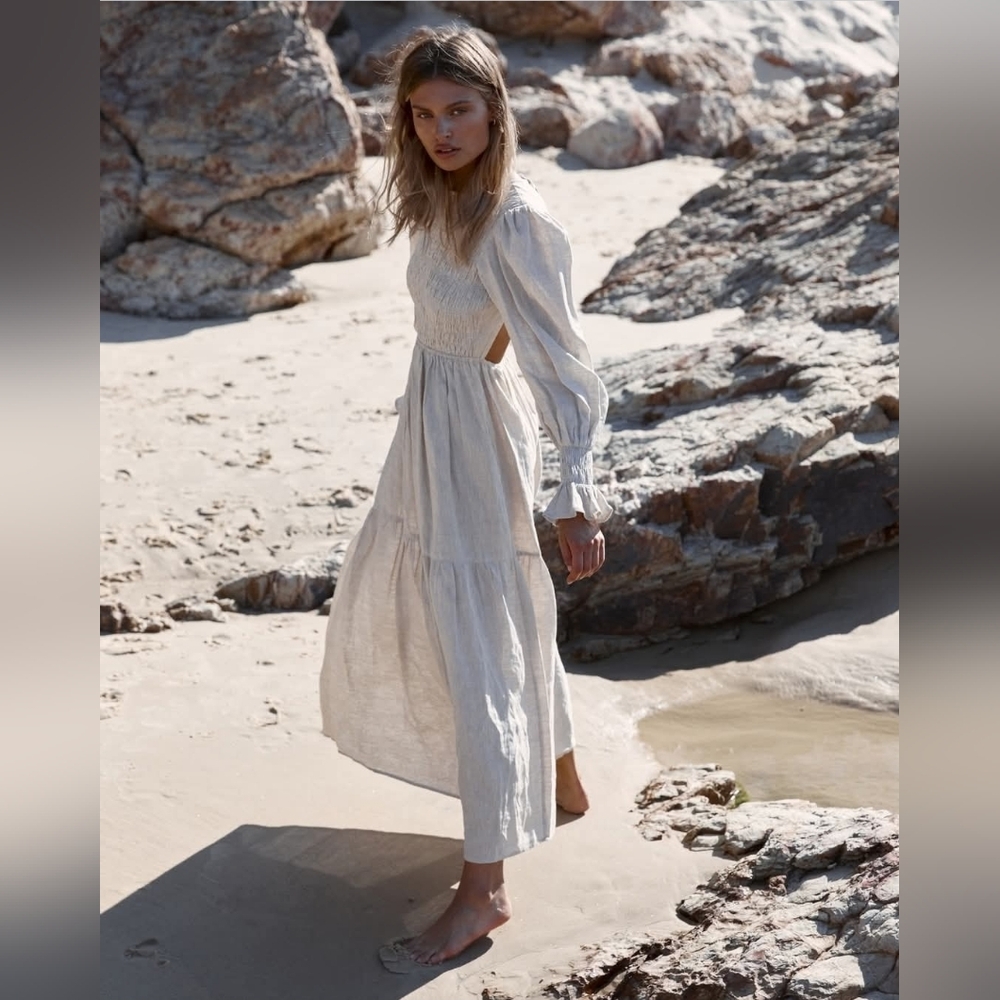 Dissh Jorja Linen Maxi Dress Long Sleeved Open Back Size AU10 US6